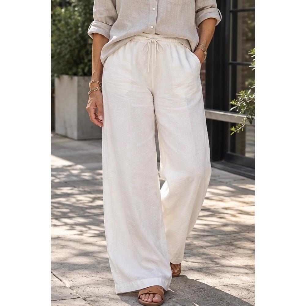 LOFT White Linen Blend Wide Leg Drawstring Pants Size L Coastal Summer Relaxed